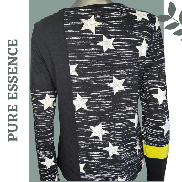Pure Essence Long Sleeve Knit Top Color Block Star Print Back Yellow White - Picture 3 of 8